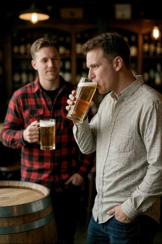Two Men Standing At A Wooden Barrel Table In A Dimly Lit Pub... — Stable Diffusion AI Prompt: Two men standing at a wooden barrel table in a dimly lit pub or bar, drinking be...