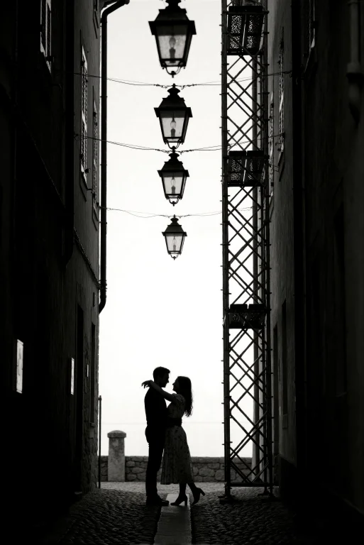 A High-contrast Black And White Photograph Of A Romantic Sil...