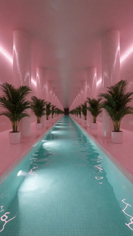 Dcl1m1nal. Wide Eye-level Shot Of An Endless Indoor Pool Cor...