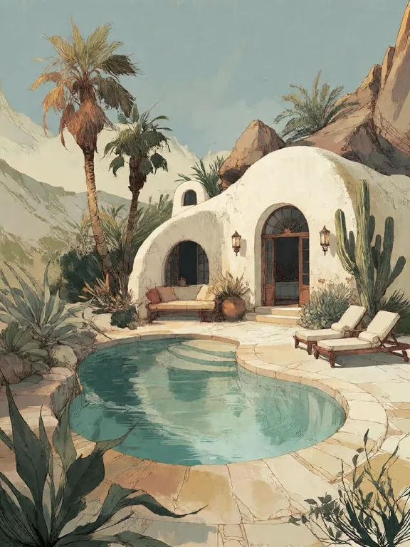 Bradhamel Art Style. A Serene Desert Oasis Featuring A Smoot...