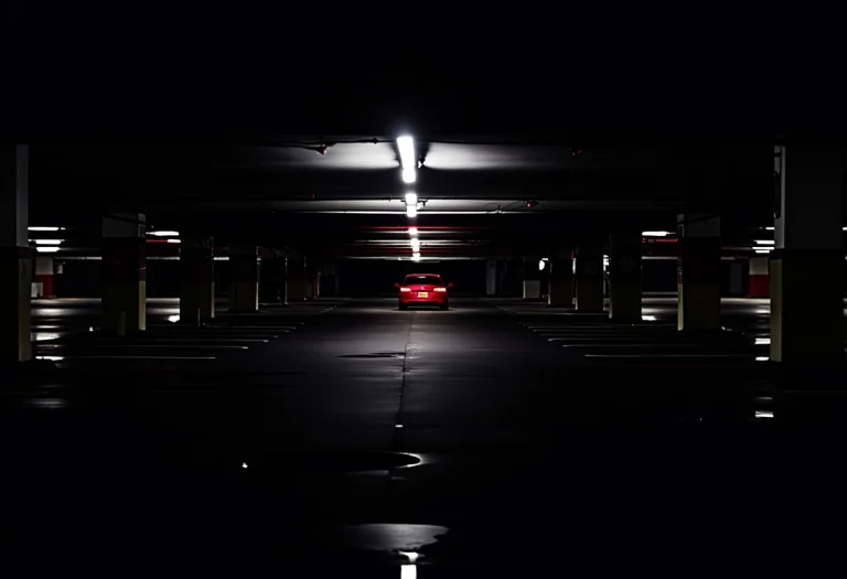 The Interior Of An Empty Parking Garage At Night. Most Of Th...