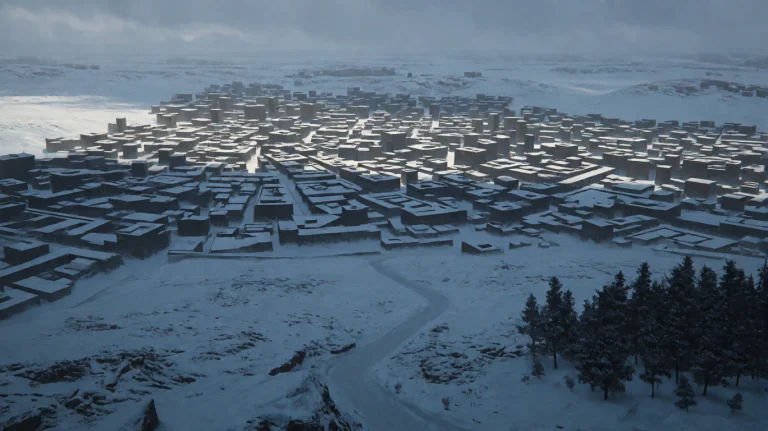 Gmthrnsssn4, A Sprawling, Snow-covered Cityscape With Angula...