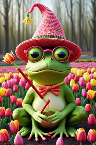 A Magical Frog With A Magic Wand Casting Speels. Fantasy The... — SDXL AI Prompt: a magical frog with a magic wand casting speels. fantasy theme, cute hat, big gl...