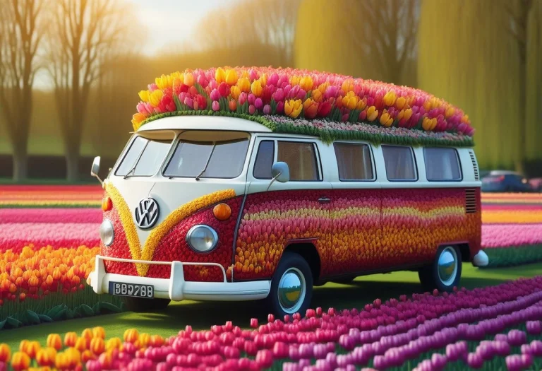 A Vintage Vw Camper Van Made Of Tulips Parked On A Country L...