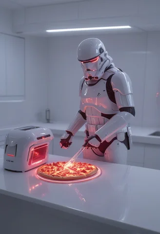 Whiteember, A Stormtrooper Trying To Extract A Glowing Pizza... — SDXL AI Prompt: WhiteEmber, a Stormtrooper trying to extract a glowing pizza slice from a kitche...