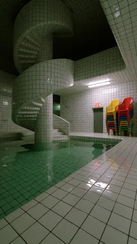 Dcl1m1nal. Poolrooms Style, Wide Low-angle Shot Inside A Lar... — Stable Diffusion AI Prompt: DCL1M1NAL. Poolrooms Style, Wide low-angle shot inside a large tiled room with g...