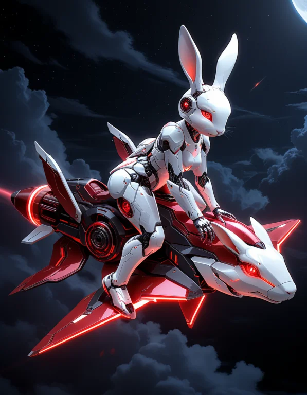 A Rabbit Riding A Rocket , At Night Made Of Glossy White And...