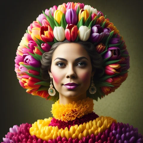 Close-up Portrait Of A Regal Queen Made Of Tulips. Her Face,... — SDXL AI Prompt: Close-up portrait of a regal queen made of tulips. Her face, dress, and crown ar...