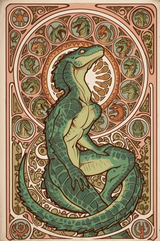 Lizardman, Abstract, Art Nouveau, Surreal