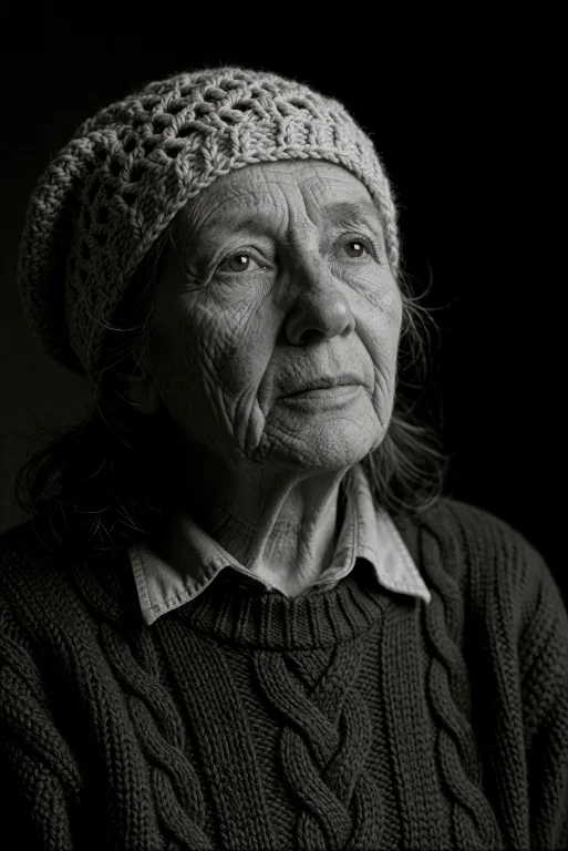 An Elderly Woman With Deeply Lined Skin And Long, Dark Hair,...