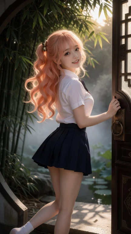 铃菜,一位年方二五岁的韩系少女，粉橙色的卷发如瀑布般垂落至肩...