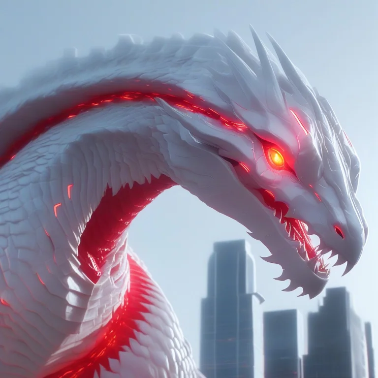 A Massive, Serpentine Dragon Mid-flight Through A Technologi...