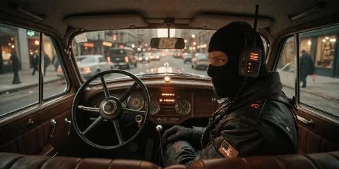 A Street In Chicago In 1930. The Scene Is Photographed From... — Stable Diffusion AI Prompt: A street in Chicago in 1930. The scene is photographed from the back seat of a 1...
