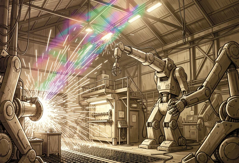 A Robot Foundry Lit By Cascades Of Sparks, Editorial Illustr...