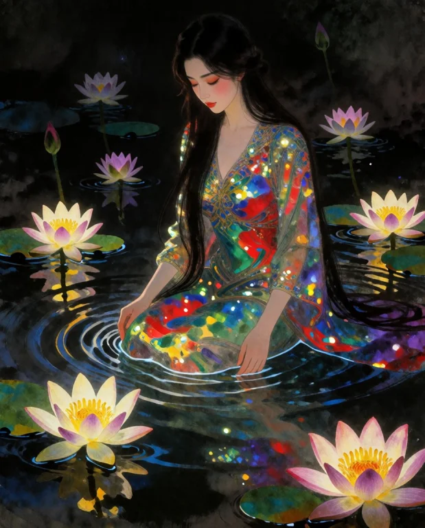 Rockstyle, In A Serene Nighttime Pond, Glowing Lotus Flowers...