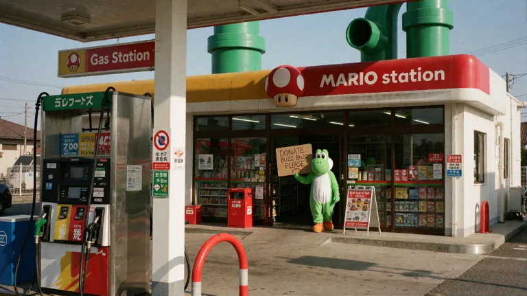 Photograph Of A Mario Themed Gas Station, The Main Focus Of...