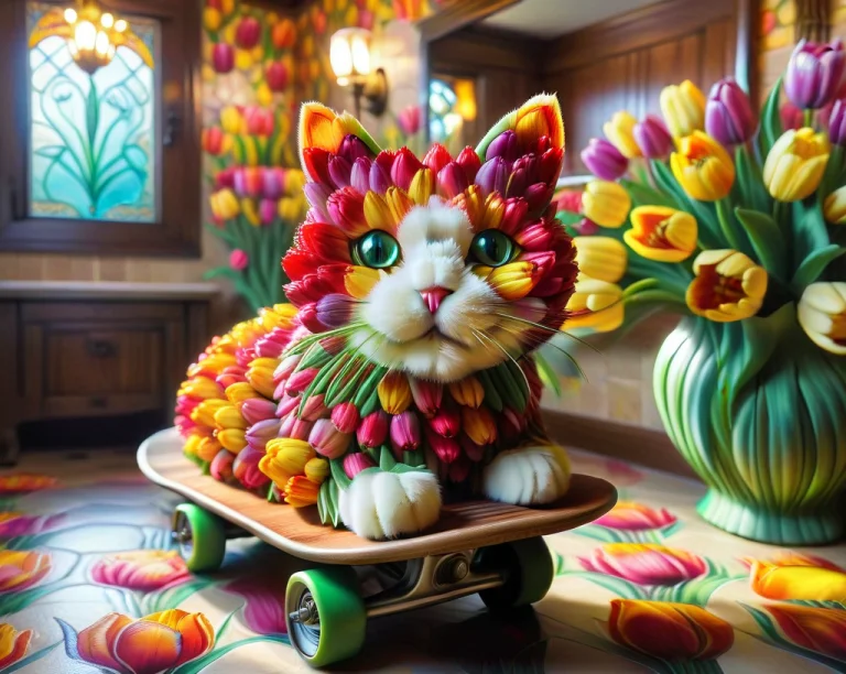 Louis Comfort Tiffany Style Page, A Cat Made Of Tulips On A...
