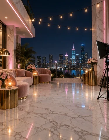 Cr34t0r L0ft, Photorealistic Penthouse Balcony Terrace At Ni... — Stable Diffusion AI Prompt: cr34t0r l0ft, photorealistic penthouse balcony terrace at night, outdoor blush l...
