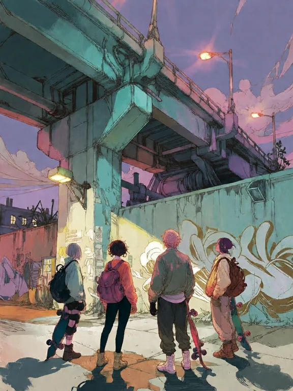 Bradhamel Art Style. Under A Massive, Teal-tinged Overpass A...