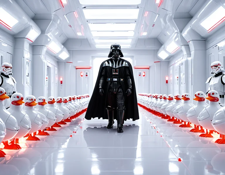Darth Vader In Glossy White Tech Armor Leading A Parade Of W...