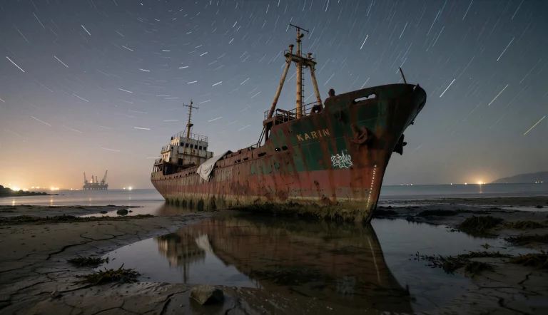 A Derelict Cargo Ship, The Karin, Rests Partially Submerged...