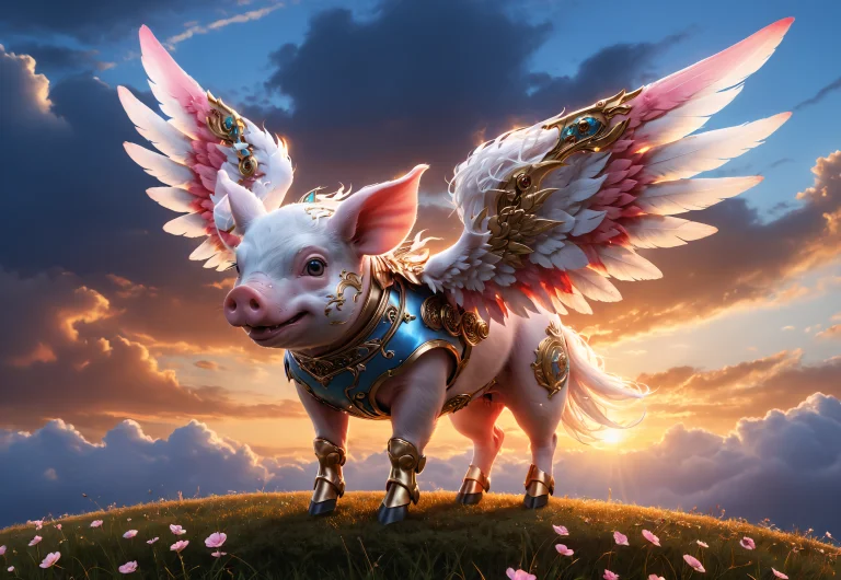 Lazypos, Adorable Flying Pig, Evening Sunset Background, Clo...