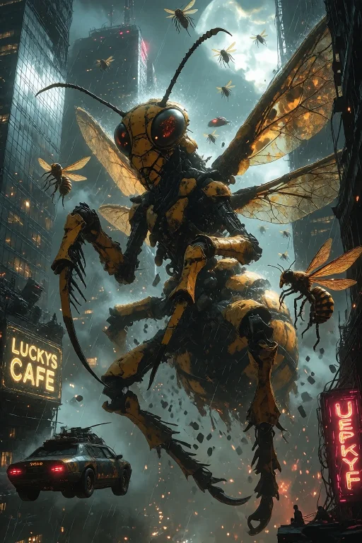 A Cybernetic Hornet Swarm Attacking A Gigantic Biomechanical...