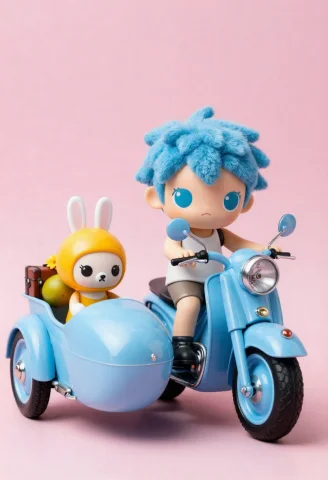 A 3d-rendered Vinyl Toy-style Figure With Fluffy Blue Hair R... — Stable Diffusion AI Prompt: A 3D-rendered vinyl toy-style figure with fluffy blue hair rides a loaded light...