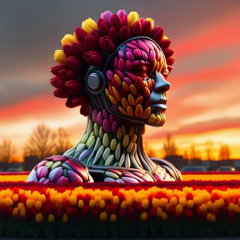 A Towering, Hyper-realistic Cyborg Made Of Tulips Stands Aga...