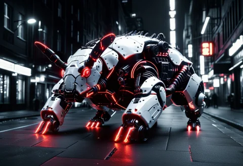Whiteember, Mad-neon-noir Noir, Rhinoceros Beetle-shaped Rob... — SDXL AI Prompt: WhiteEmber, mad-neon-noir noir, rhinoceros beetle-shaped robot, mechanical, whit...