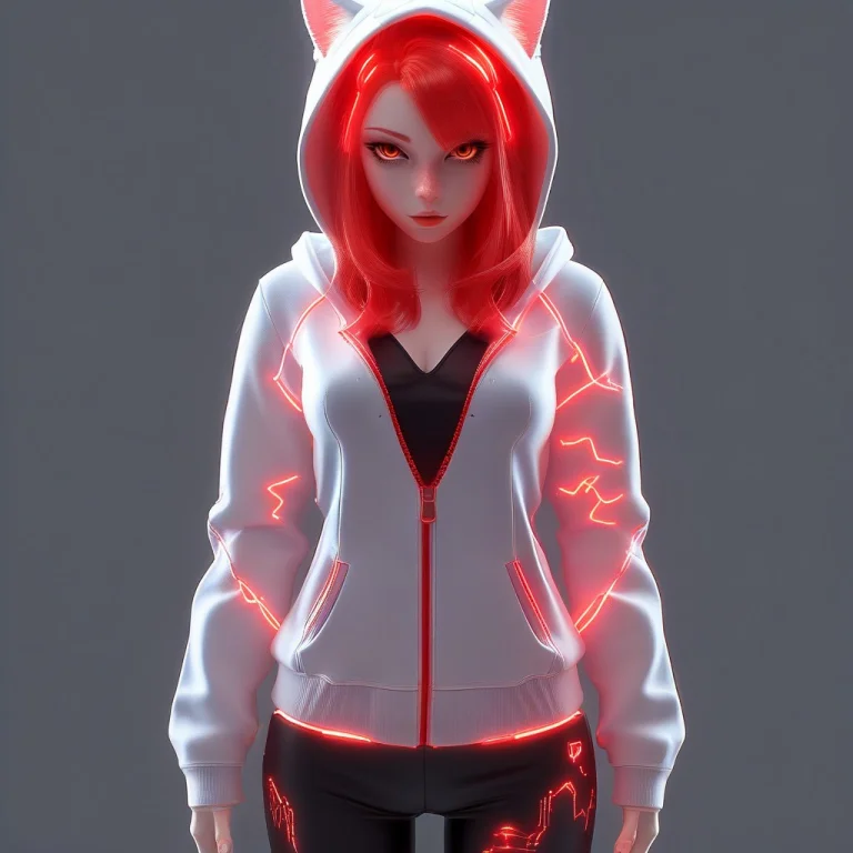 A 3d Chibi Anime Red Hair Cat Girl Wear Glowing Hoodie Made...
