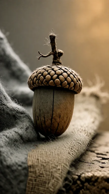 A Single Acorn With Its Cap Still On Rests On A Fold Of Pale...