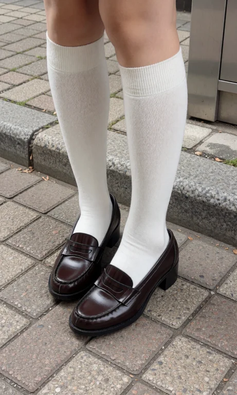 The Lower Half Of A Persons Legs Wearing White Knee-high Soc...