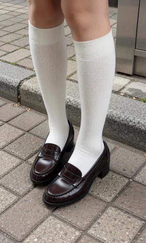 The Lower Half Of A Persons Legs Wearing White Knee-high Soc... — Stable Diffusion AI Prompt: The lower half of a person's legs wearing white knee-high socks and dark brown h...