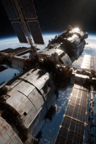 A Wide Establishing Shot Of A Massive Space Station Module E... — Stable Diffusion AI Prompt: A wide establishing shot of a massive space station module exterior, intricate s...