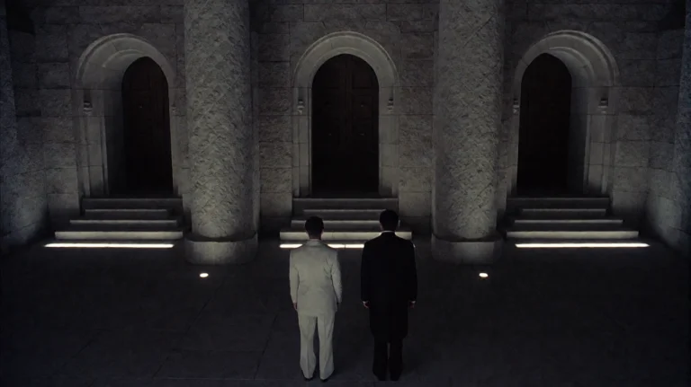Eqlbrm2002, Two Figures Stand In A Vast, Stone-walled Hall,...