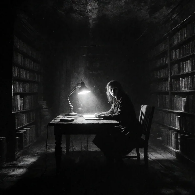 Black-and-white. A Dark, Ancient Library Interior. In The Ce...