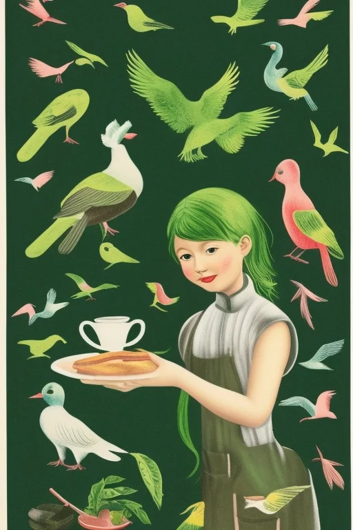 Cafe Menu With A Young Girl With Green Hair And Birds Hypern...