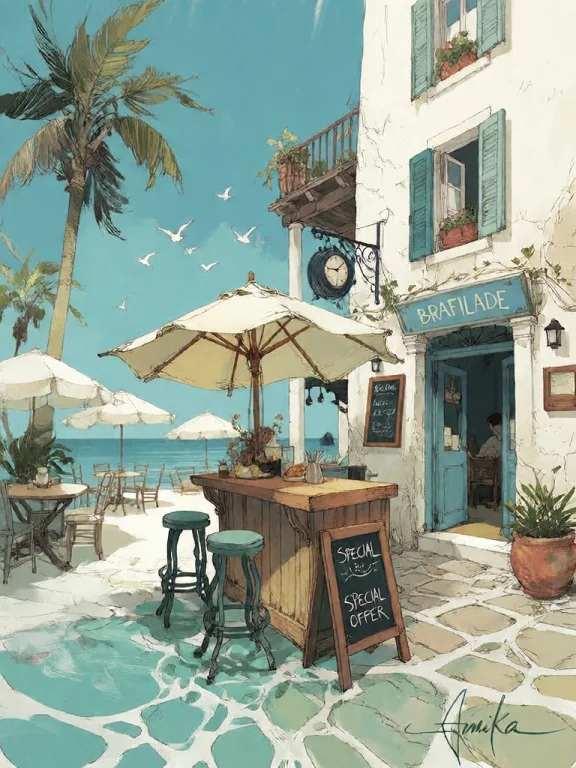 Bradhamel Art Style. A Vibrant, Sun-drenched Mediterranean C...