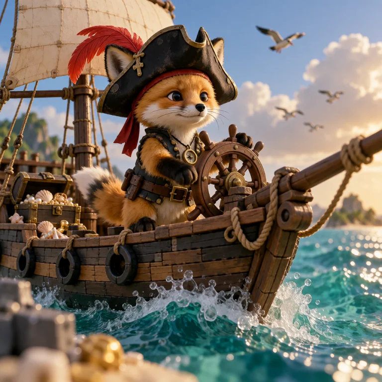 An Adorable Baby Fox Pirate Stands Proudly Aboard A Tiny Wea...