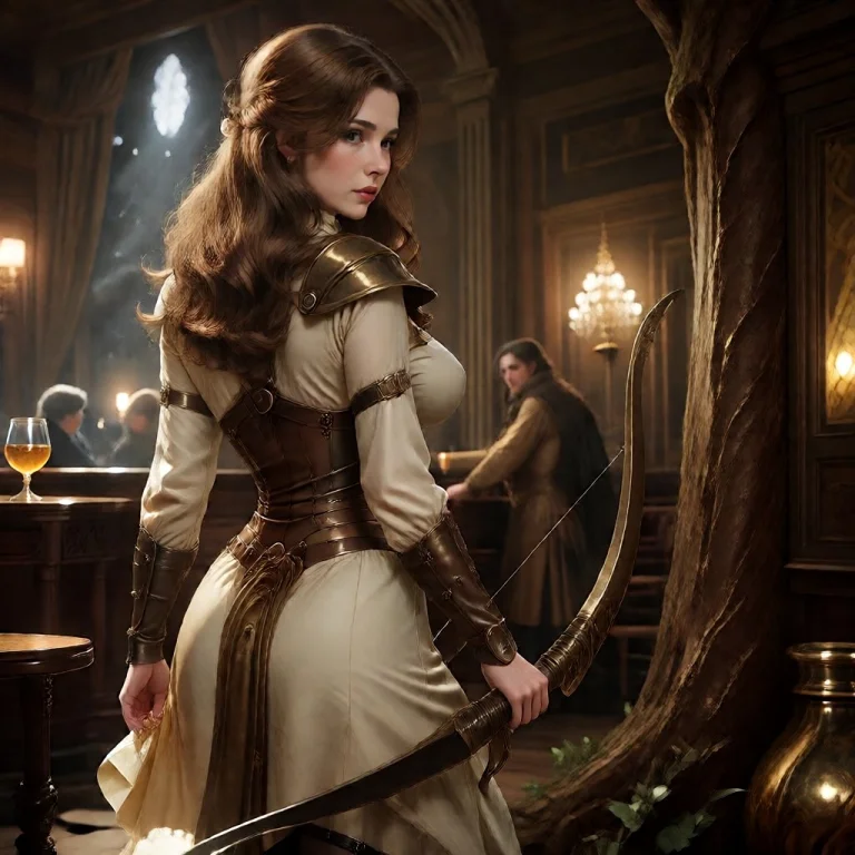 A Woman In Light Armor, Holding A Bow, Is Standing Behind A...