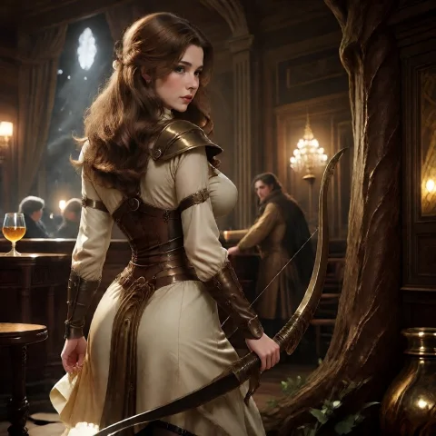 A Woman In Light Armor, Holding A Bow, Is Standing Behind A... — Stable Diffusion AI Prompt: A woman in light armor, holding a bow, is standing behind a tree, waiting for th...