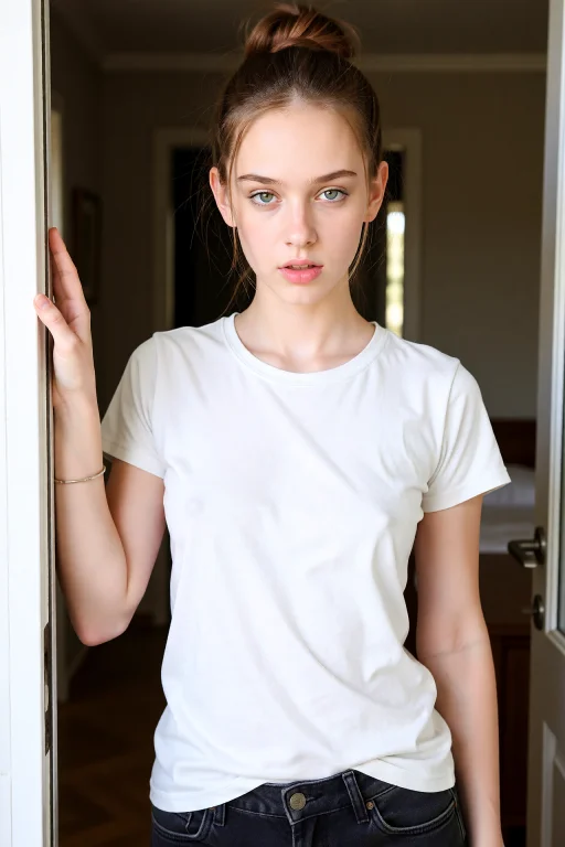 Eden Stands In A Doorway With One Hand On The Frame. Brown H...