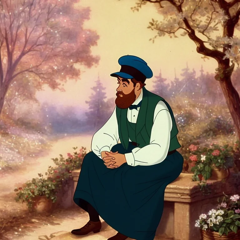 A Man Sitting In A Garden, Vest With Apron, Highly Detailed,...
