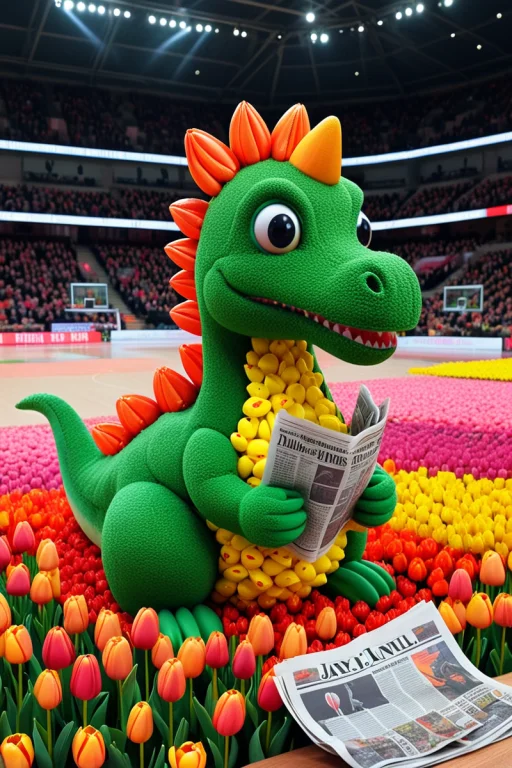 A Cute Dino With A Big Newspaper. Arena, Sport Setting, Ligh...
