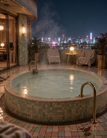 Aband0ned Bubl3 H0t3l, Photorealistic, Rooftop Outdoor Bath,... — Stable Diffusion AI Prompt: aband0ned bubl3 h0t3l, photorealistic, rooftop outdoor bath, tiled onsen pool wi...