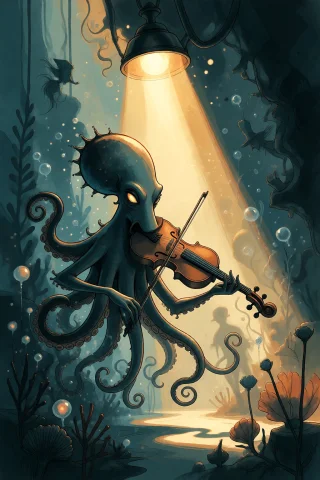 Strangedaal. A Giant Deep-sea Octopus Gracefully Plays An Or... — Stable Diffusion AI Prompt: StrangeDaal. A giant deep-sea octopus gracefully plays an ornate wooden violin,...