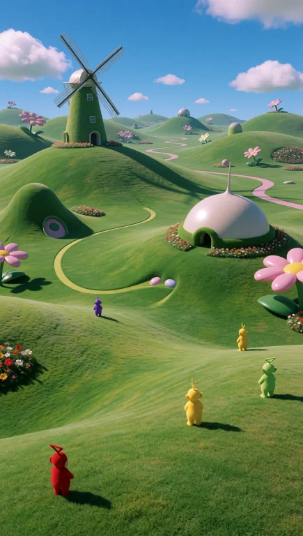 Dcl1m1nal. Ultra-wide View Of A Vast Surreal Teletubbies Lan...