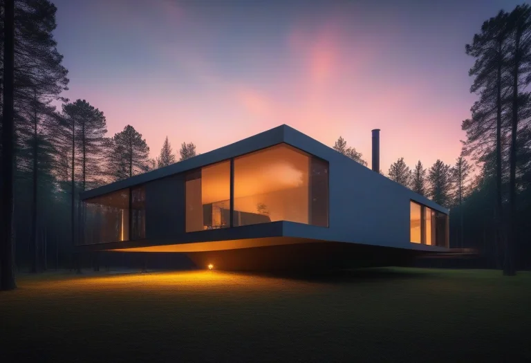 A Minimalist House Cantilevered Over A Forest, Low Key Light...