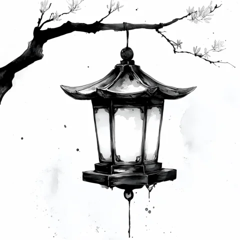 Arsmjstyle, Zen Ink Wash Sumi-e, A Simple Lantern Hanging Fr... — Stable Diffusion AI Prompt: ArsMJStyle, Zen Ink Wash Sumi-e, A simple lantern hanging from a tree branch, mo...